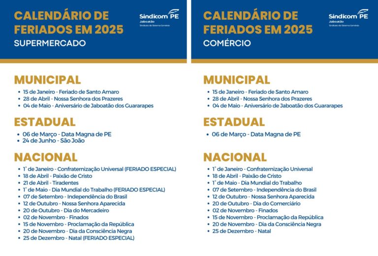 Calendário feriados 2025 - SINDICATO DO COMÉRCIO DE JABOATÃO DOS GUARARAPES