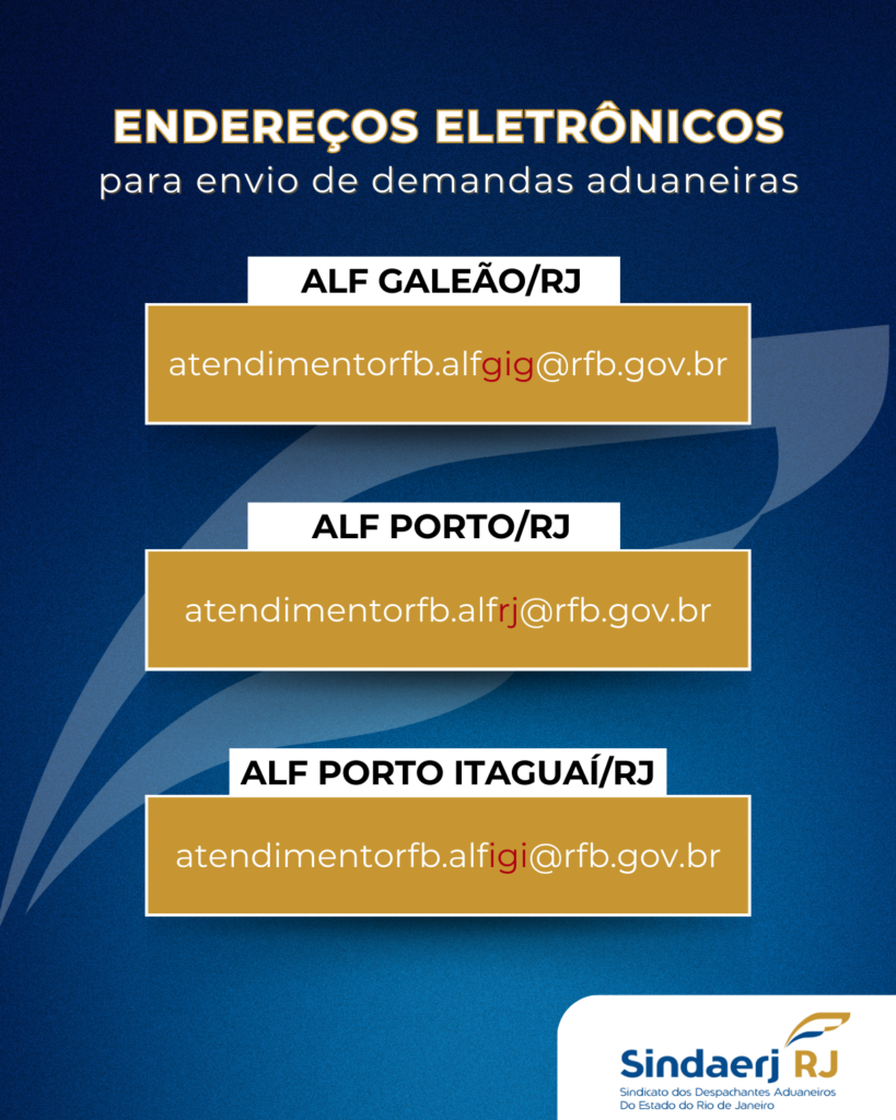 Endereços Eletronicos para envio de demandas Aduaneiras